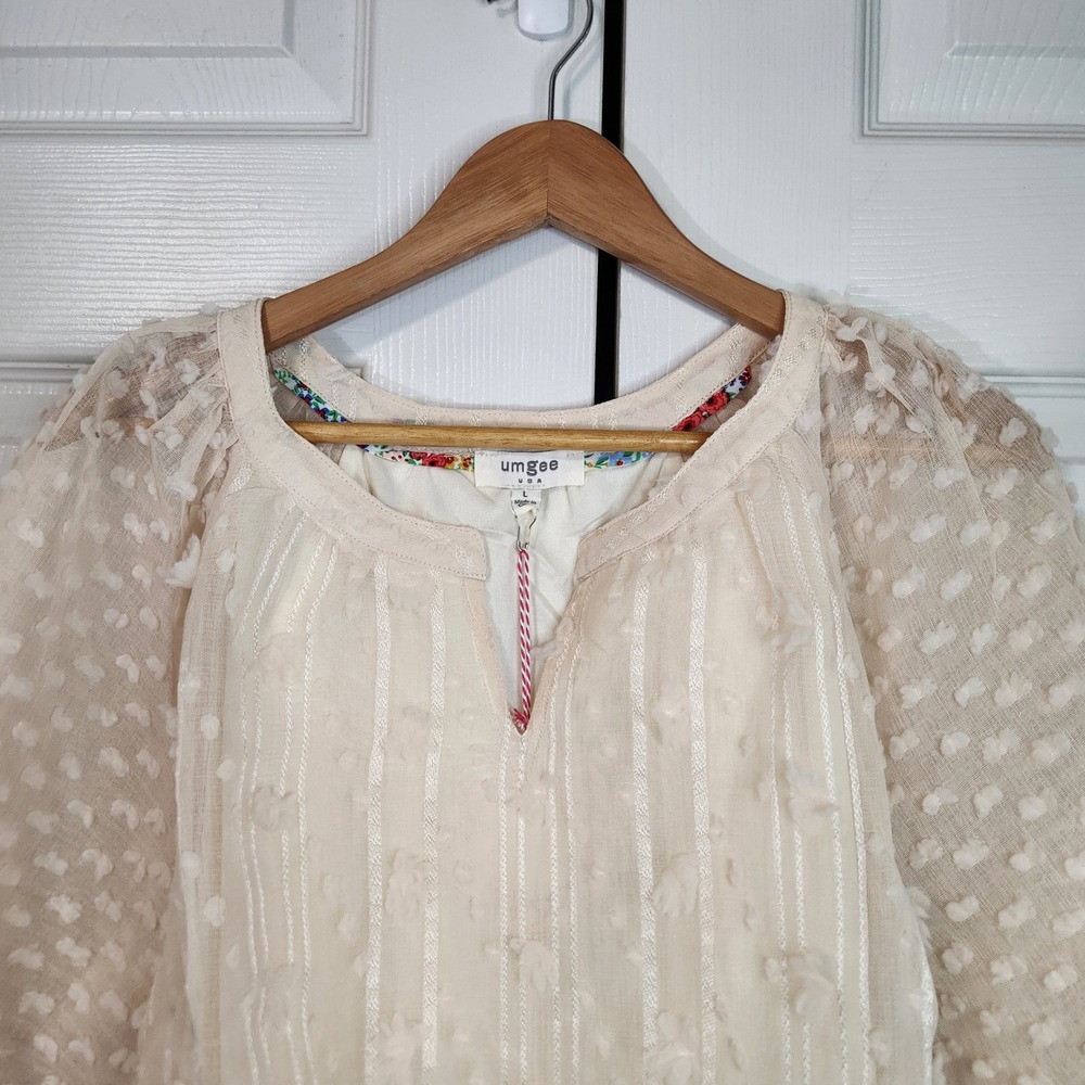 Umgee Cream Swiss Dot Puff Sleeve Blouse LG NWT Cottage Boho Shabby Chic Summer - Picture 5 of 8